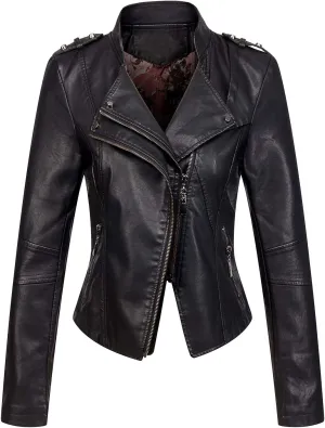 chouyatou Women's Candy Color Asymmetric Zip Slim Faux Leather Cropped Moto Jacket