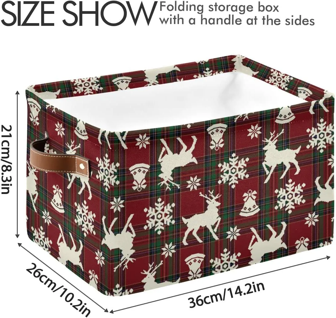 Christmas Bells Reindeer Storage Basket Fabric Laundry Baskets Winter Snowflake Xmas Red Green Buffalo Plaid Storage Boxes Organizer Bag for Cloth Toy Book Storage Cubes Shelf Closet Bins 16×12×8