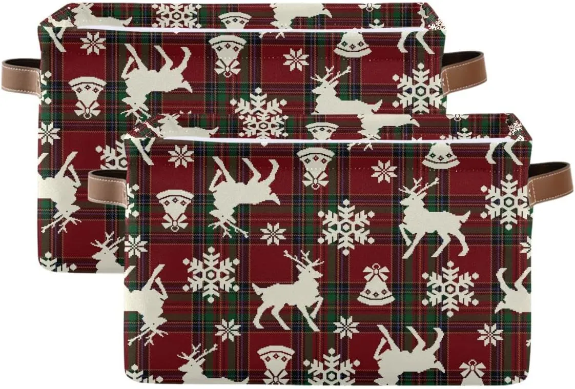 Christmas Bells Reindeer Storage Basket Fabric Laundry Baskets Winter Snowflake Xmas Red Green Buffalo Plaid Storage Boxes Organizer Bag for Cloth Toy Book Storage Cubes Shelf Closet Bins 16×12×8