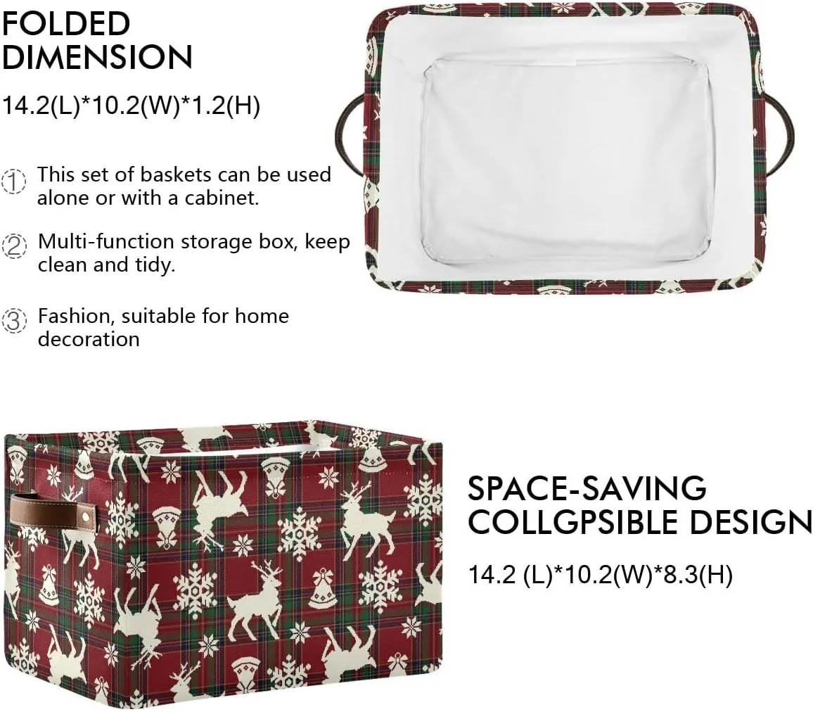 Christmas Bells Reindeer Storage Basket Fabric Laundry Baskets Winter Snowflake Xmas Red Green Buffalo Plaid Storage Boxes Organizer Bag for Cloth Toy Book Storage Cubes Shelf Closet Bins 16×12×8