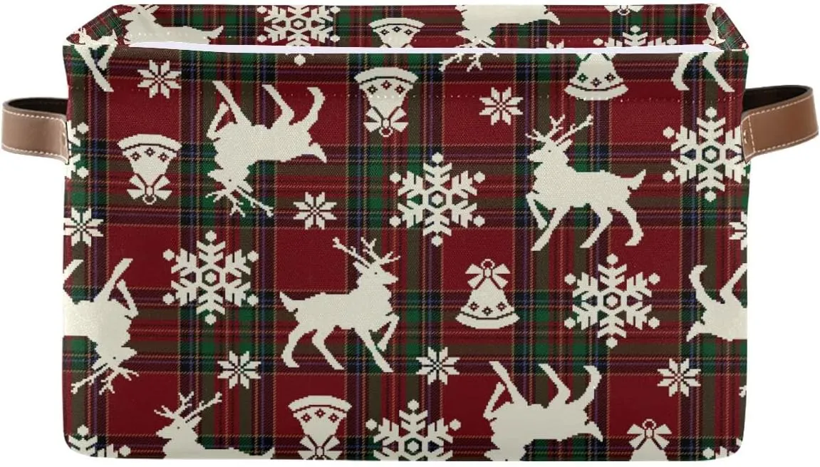 Christmas Bells Reindeer Storage Basket Fabric Laundry Baskets Winter Snowflake Xmas Red Green Buffalo Plaid Storage Boxes Organizer Bag for Cloth Toy Book Storage Cubes Shelf Closet Bins 16×12×8