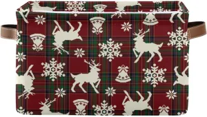 Christmas Bells Reindeer Storage Basket Fabric Laundry Baskets Winter Snowflake Xmas Red Green Buffalo Plaid Storage Boxes Organizer Bag for Cloth Toy Book Storage Cubes Shelf Closet Bins 16×12×8