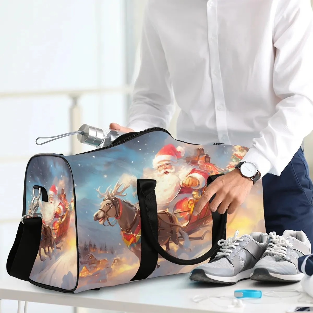 Christmas Elk Santa Claus Foldable Lightweight Duffle Bag for Travel - Waterproof Carry On Bags for Airplanes, Travel Duffel Bags for Gym, Weekend