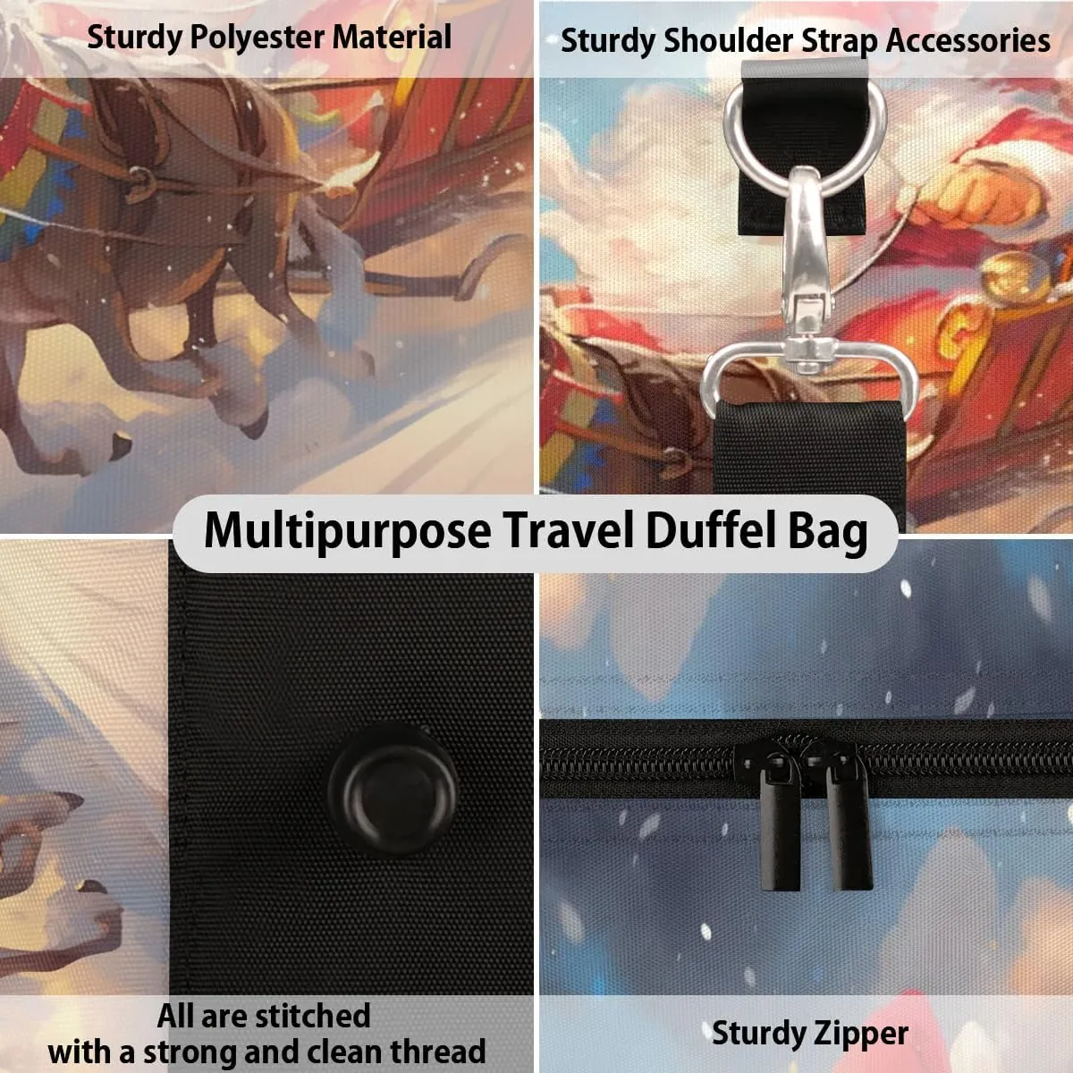 Christmas Elk Santa Claus Foldable Lightweight Duffle Bag for Travel - Waterproof Carry On Bags for Airplanes, Travel Duffel Bags for Gym, Weekend