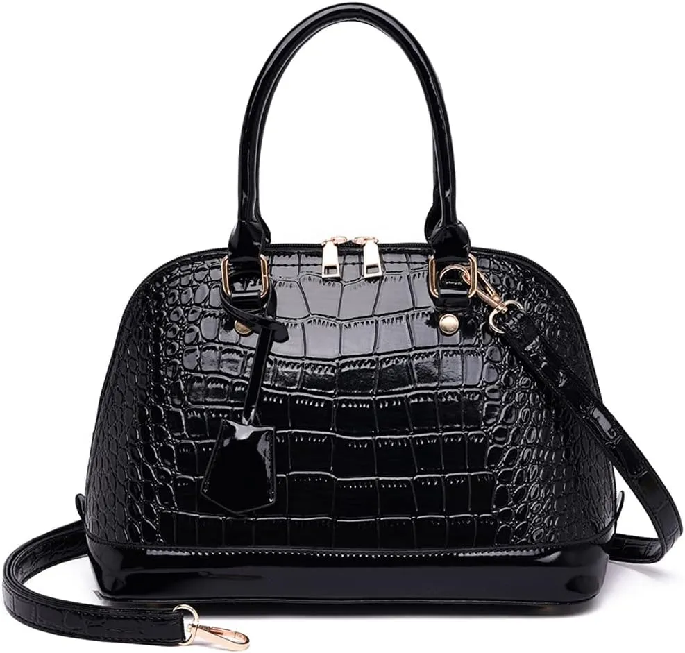 Classic Dome Satchel Bags for Women Crocodile Pattern Faux Leather Crossbody Bags Top Handle Handbags Zipper Purse