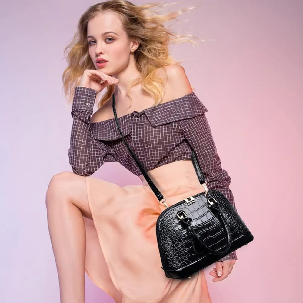 Classic Dome Satchel Bags for Women Crocodile Pattern Faux Leather Crossbody Bags Top Handle Handbags Zipper Purse