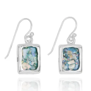 Classic Square Roman Glass Earrings - Ancient Roman Glass Silver Jewelry - Israeli Jewelry For Woman - Historical archaeological Glass Piece