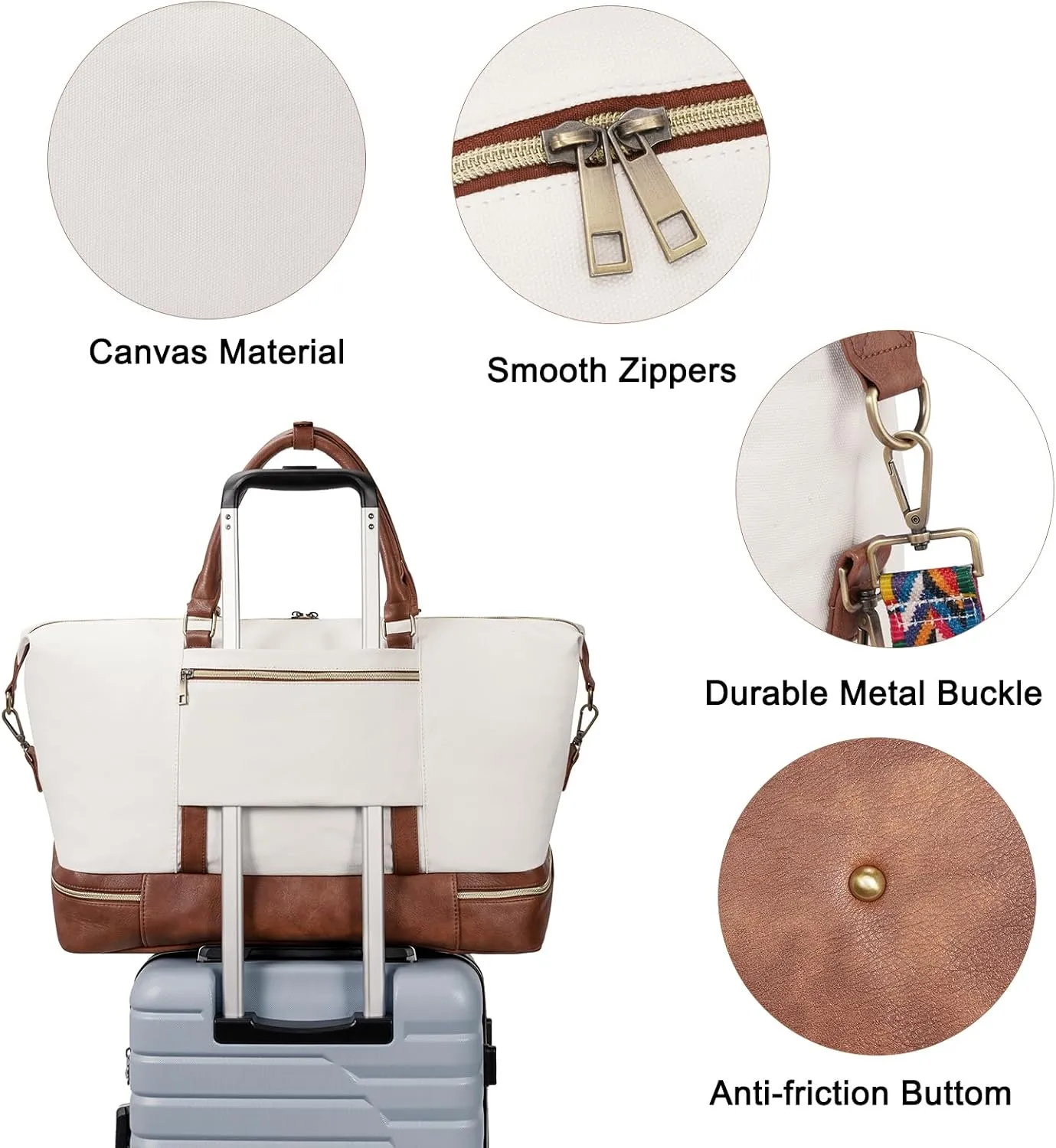 CLUCI Weekend Bags for Women Garment Bags for Travel Canvas Carry on Bag Spirit Airlines Personal Item Bags with Shoe Compartment White with Brown