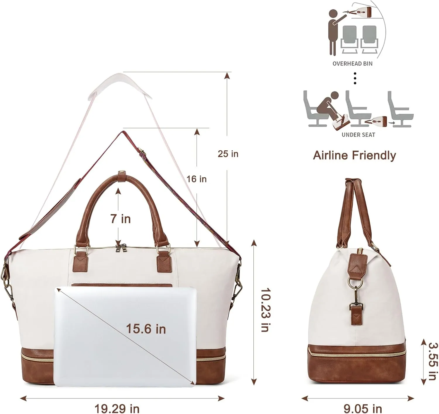 CLUCI Weekend Bags for Women Garment Bags for Travel Canvas Carry on Bag Spirit Airlines Personal Item Bags with Shoe Compartment White with Brown