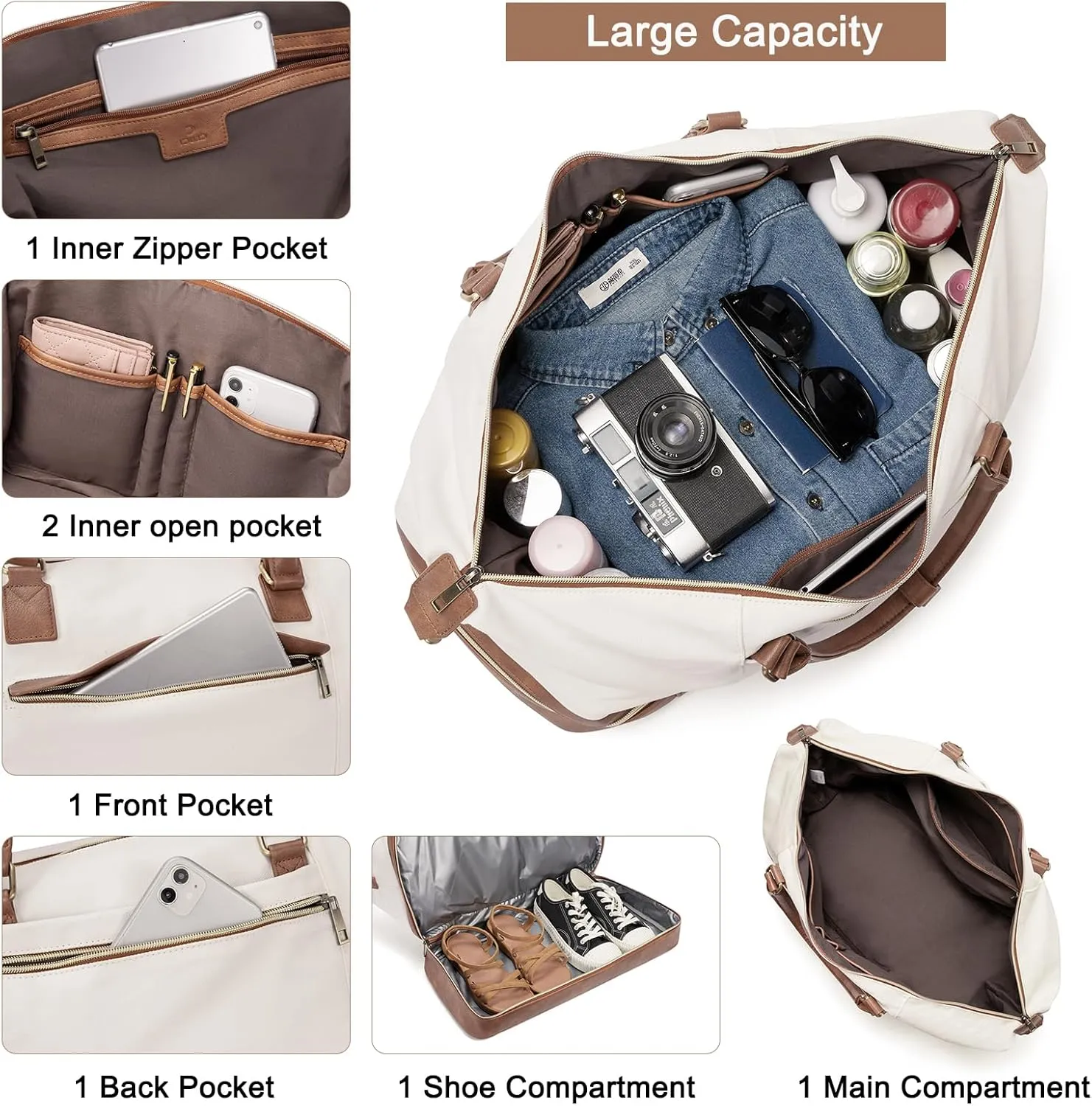 CLUCI Weekend Bags for Women Garment Bags for Travel Canvas Carry on Bag Spirit Airlines Personal Item Bags with Shoe Compartment White with Brown