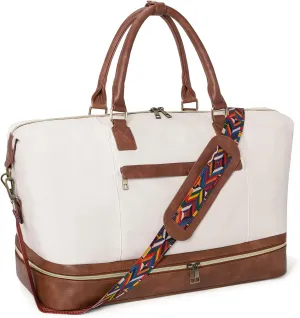CLUCI Weekend Bags for Women Garment Bags for Travel Canvas Carry on Bag Spirit Airlines Personal Item Bags with Shoe Compartment White with Brown