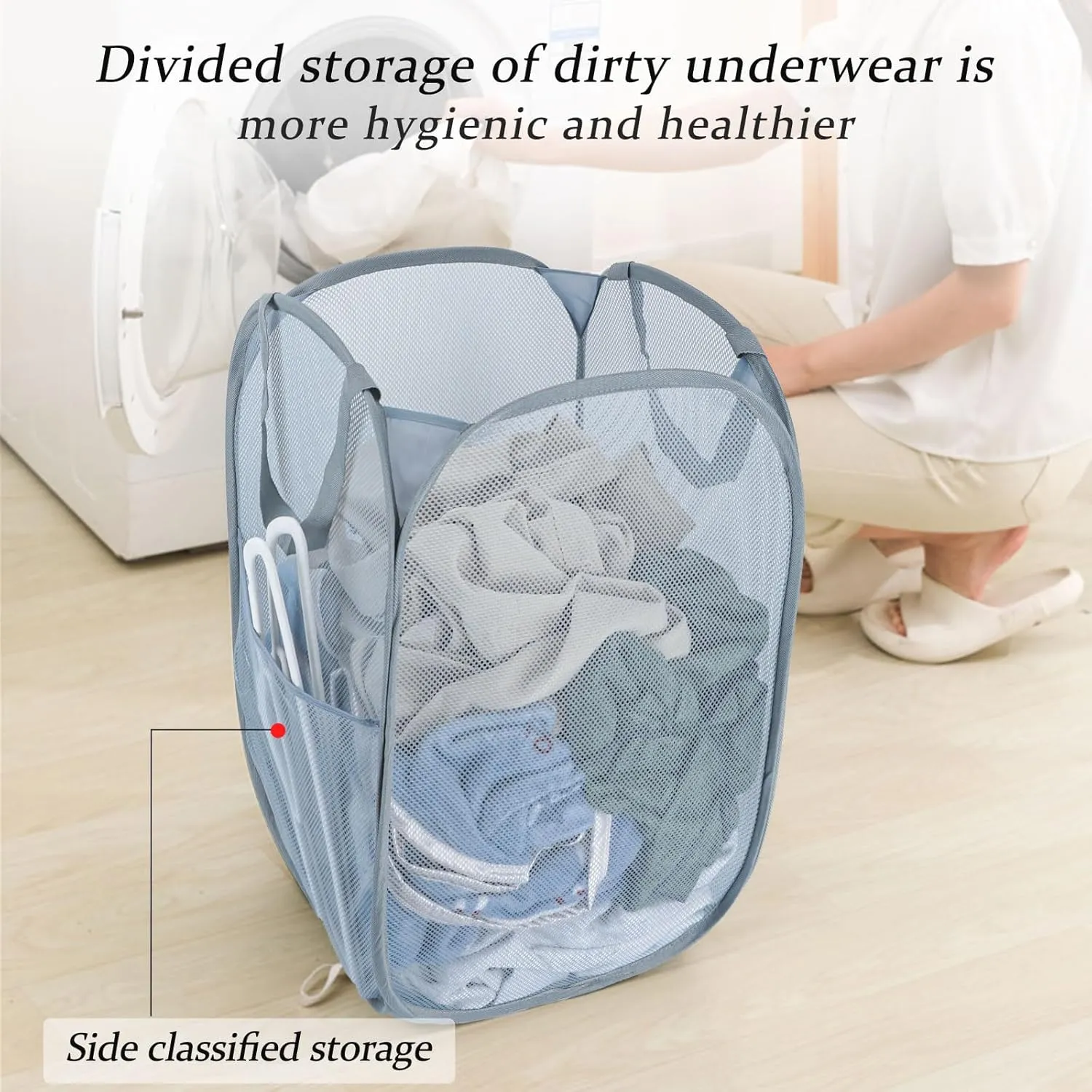 Collapsible Laundry Baskets, 2 Pack Mesh Pop Up Laundry Hamper with Handles, Portable Travel Laundry Basket, Foldable Hamper, Anti-tear, Light Breathable, Odor-free, Fold Compact, Large Hold. Grey. 2V
