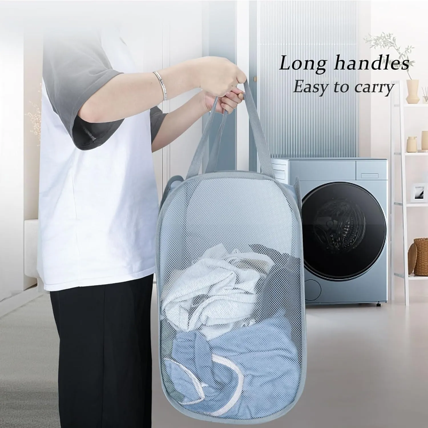 Collapsible Laundry Baskets, 2 Pack Mesh Pop Up Laundry Hamper with Handles, Portable Travel Laundry Basket, Foldable Hamper, Anti-tear, Light Breathable, Odor-free, Fold Compact, Large Hold. Grey. 2V