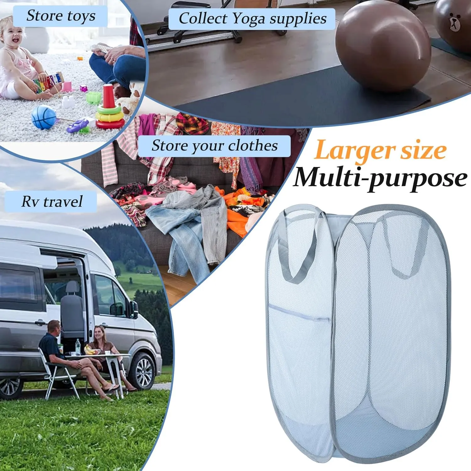Collapsible Laundry Baskets, 2 Pack Mesh Pop Up Laundry Hamper with Handles, Portable Travel Laundry Basket, Foldable Hamper, Anti-tear, Light Breathable, Odor-free, Fold Compact, Large Hold. Grey. 2V