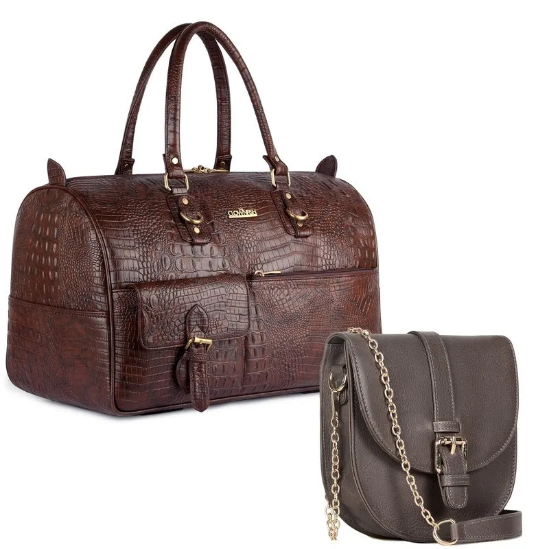 Combo: Crocodile Leatherette Travel Duffle & Genuine Leather Sling Bag | 34 LTR | Dark Brown & Grey
