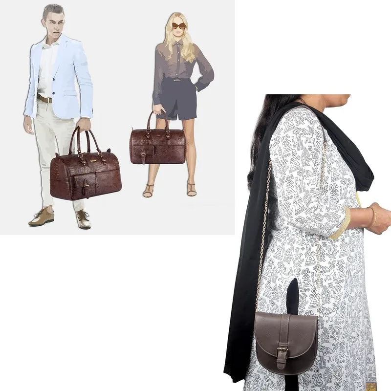 Combo: Crocodile Leatherette Travel Duffle & Genuine Leather Sling Bag | 34 LTR | Dark Brown & Grey