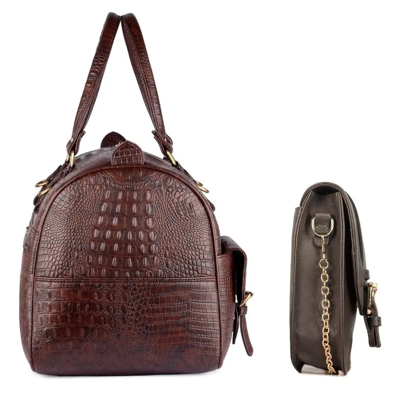 Combo: Crocodile Leatherette Travel Duffle & Genuine Leather Sling Bag | 34 LTR | Dark Brown & Grey