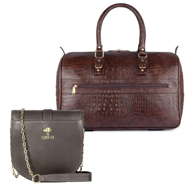 Combo: Crocodile Leatherette Travel Duffle & Genuine Leather Sling Bag | 34 LTR | Dark Brown & Grey