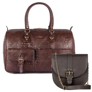Combo: Crocodile Leatherette Travel Duffle & Genuine Leather Sling Bag | 34 LTR | Dark Brown & Grey