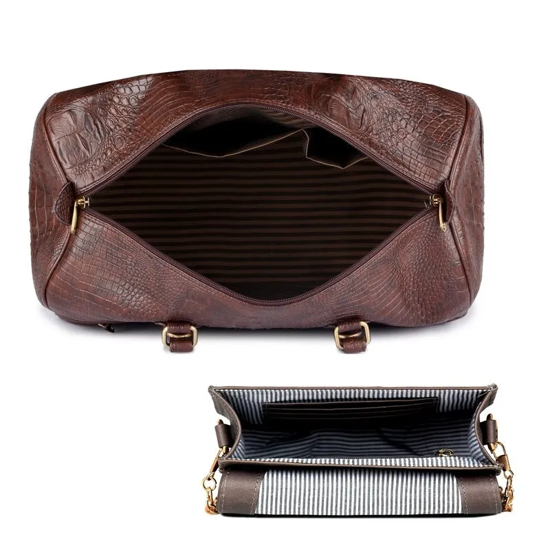 Combo: Crocodile Leatherette Travel Duffle & Genuine Leather Sling Bag | 34 LTR | Dark Brown & Grey