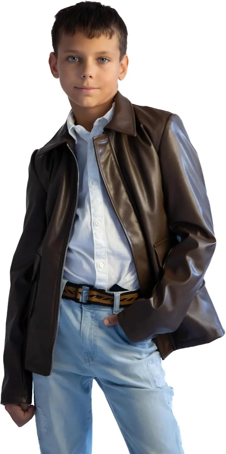 ComfyCamper Kids Teens Faux Leather Jacket Costume Brown – Jungle Explorer Archeologist Lightweight Bomber Racer