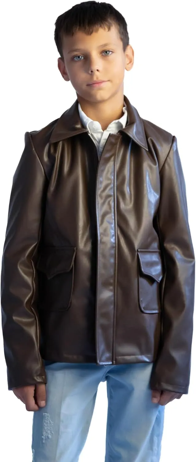 ComfyCamper Kids Teens Faux Leather Jacket Costume Brown – Jungle Explorer Archeologist Lightweight Bomber Racer