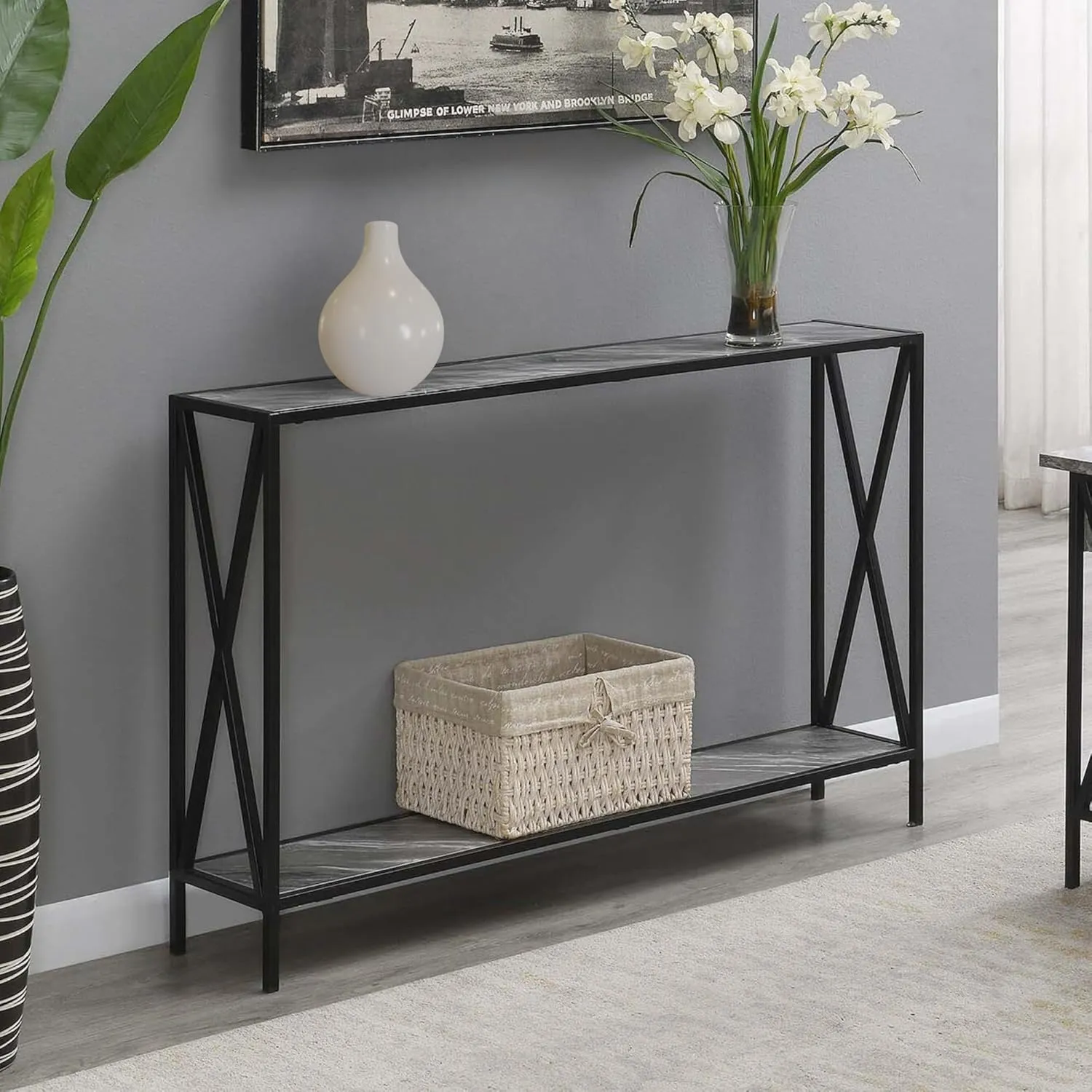 Convenience Concepts Tucson Console Table 47.25" - Modern Sofa Table with Storage Shelf, Entryway Hall Table for Living Room, Gray Faux Marble/Black