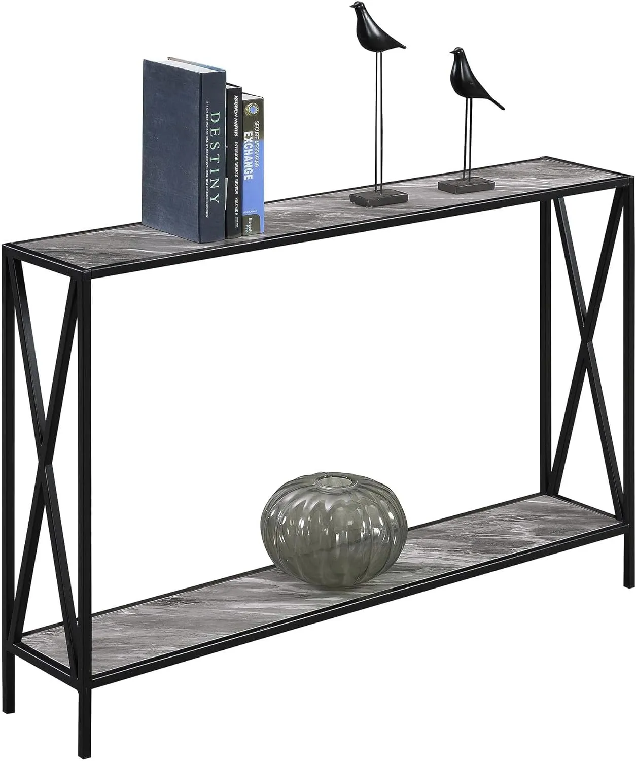 Convenience Concepts Tucson Console Table 47.25" - Modern Sofa Table with Storage Shelf, Entryway Hall Table for Living Room, Gray Faux Marble/Black