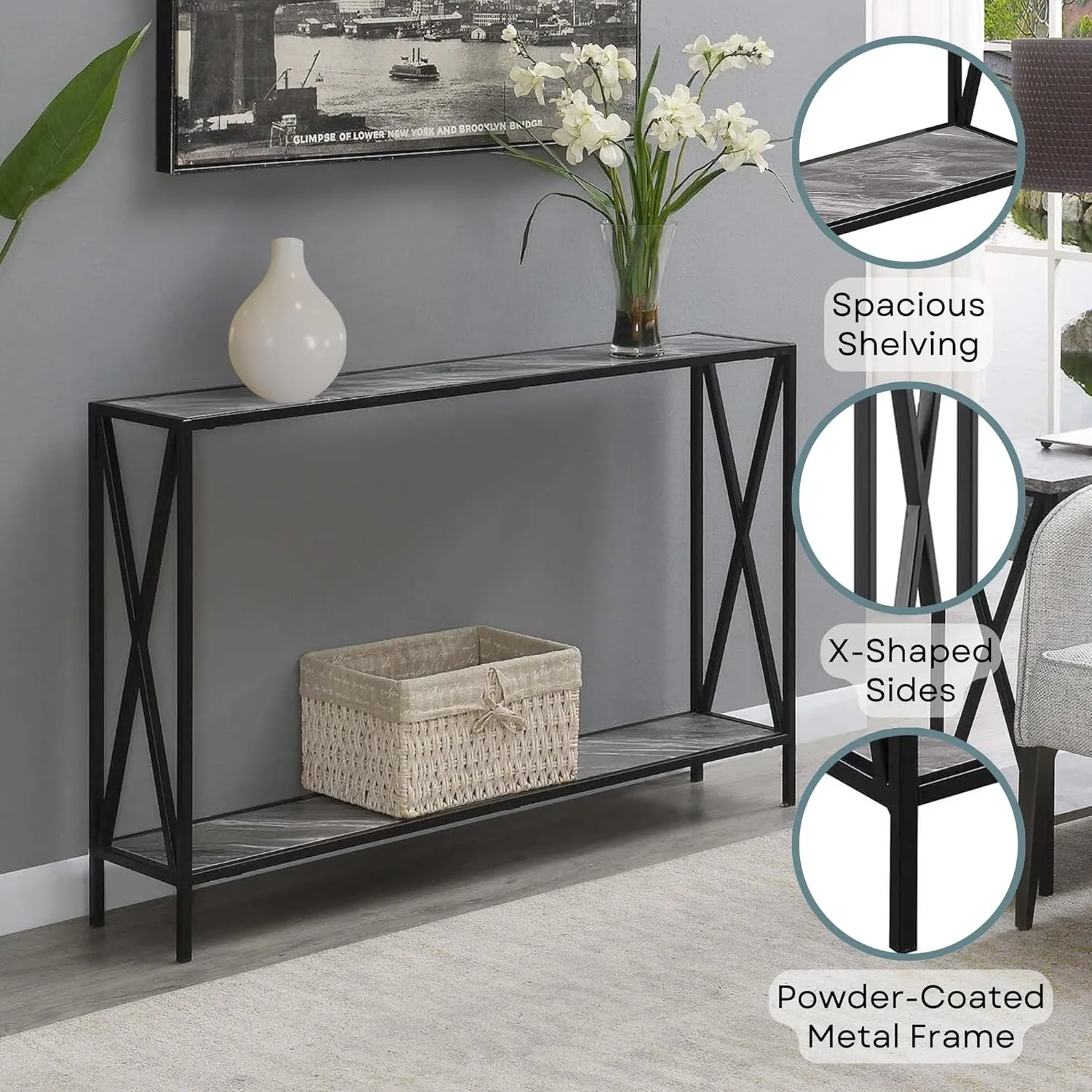 Convenience Concepts Tucson Console Table 47.25" - Modern Sofa Table with Storage Shelf, Entryway Hall Table for Living Room, Gray Faux Marble/Black