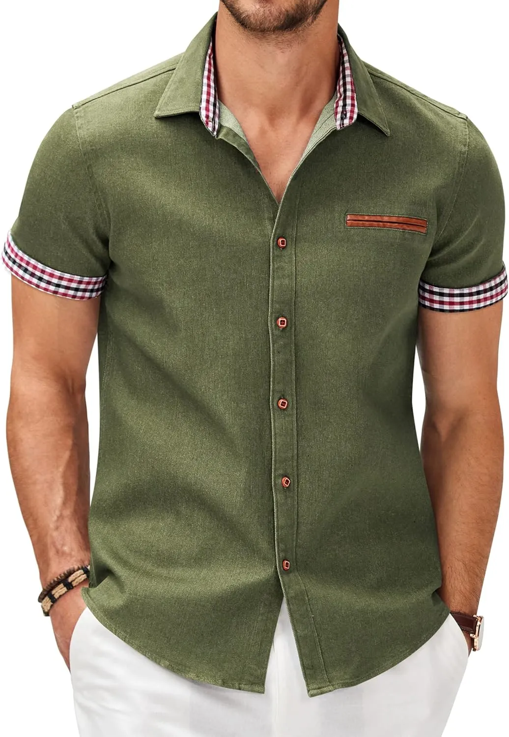 COOFANDY Men's Casual Cotton Short Sleeve Button Down Dress Shirt Plaid Collar Denim Work Shirts