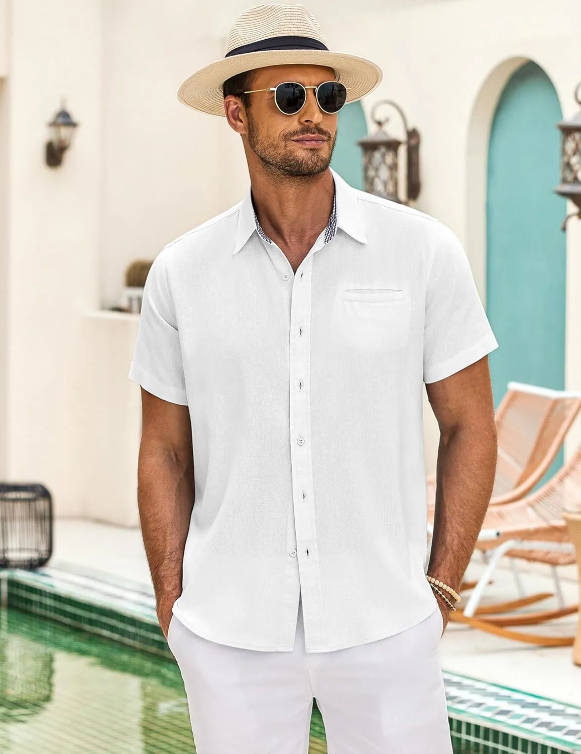 COOFANDY Men's Casual Linen Shirts Short Sleeve Button Down Shirt Summer Beach Tops