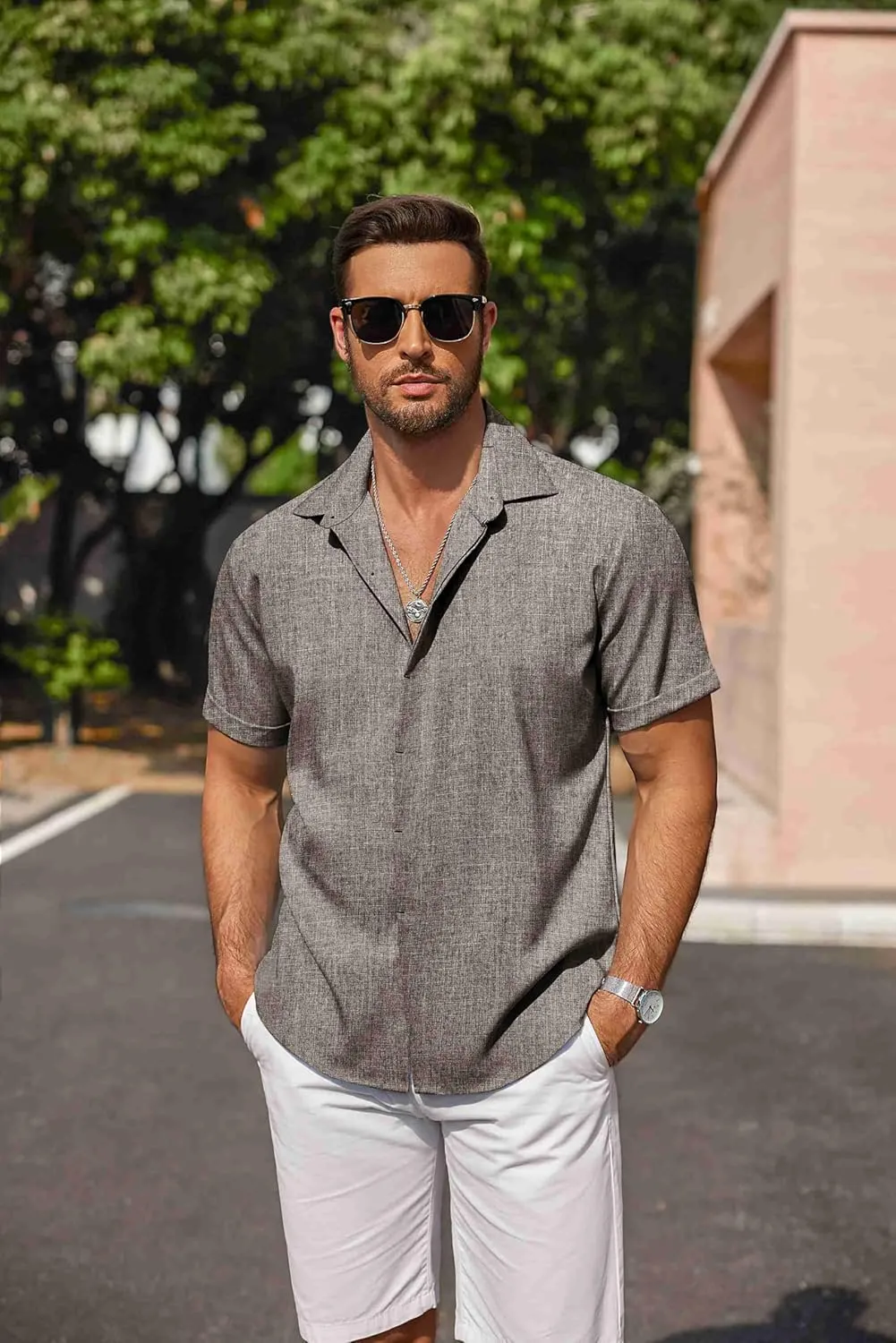 COOFANDY Men's Linen Shirts Short Sleeve Casual Shirts Button Down Shirt for Men Beach Summer Wedding Shirt