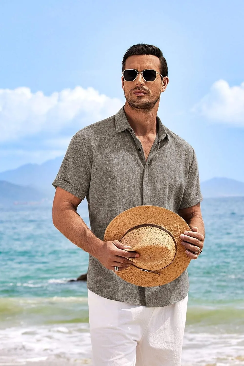 COOFANDY Men's Linen Shirts Short Sleeve Casual Shirts Button Down Shirt for Men Beach Summer Wedding Shirt