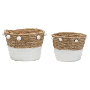 COPAL SET 2 CATTAIL STORAGE WHITE GIFT BASKETS WITH POM POMS (MIN 2)
