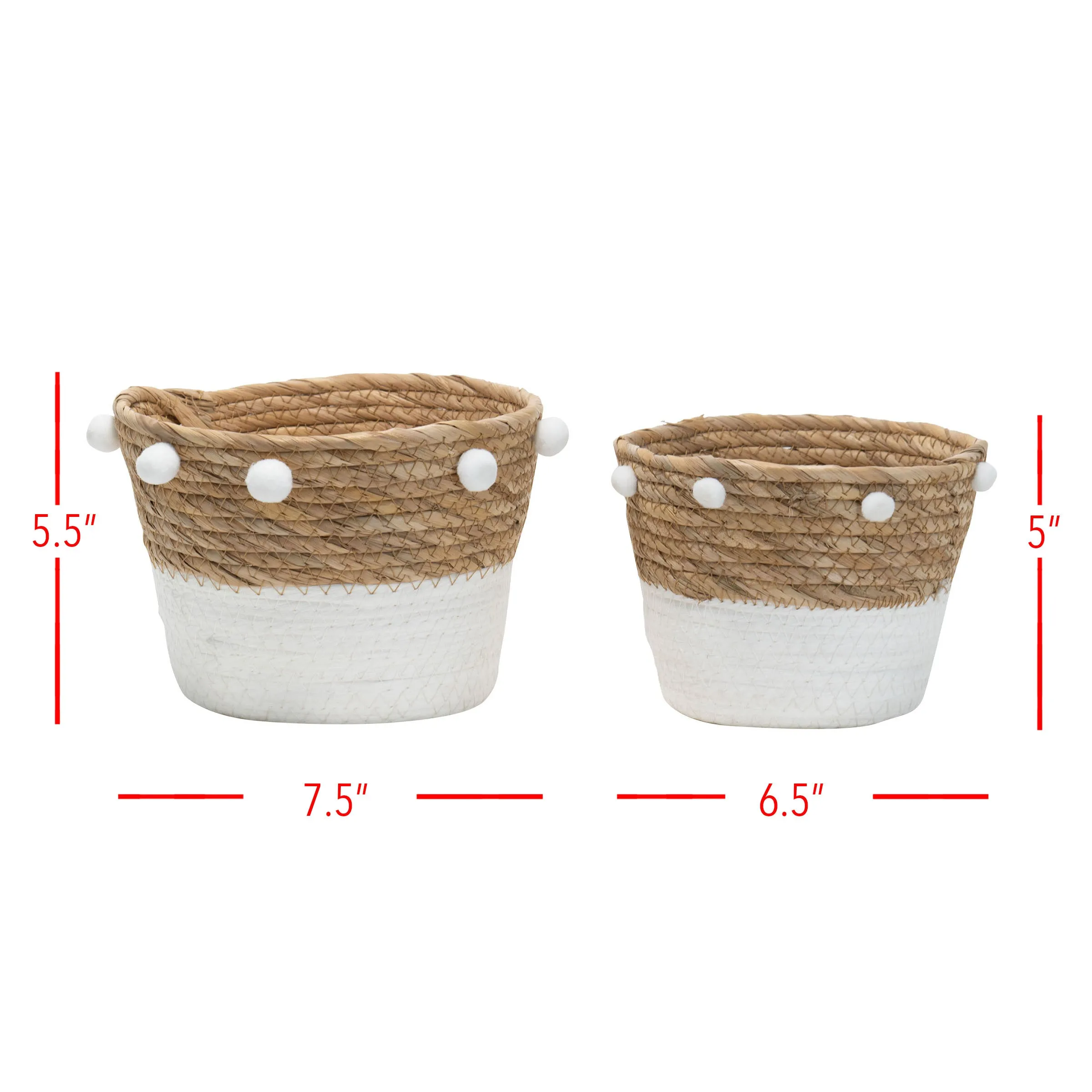 COPAL SET 2 CATTAIL STORAGE WHITE GIFT BASKETS WITH POM POMS (MIN 2)