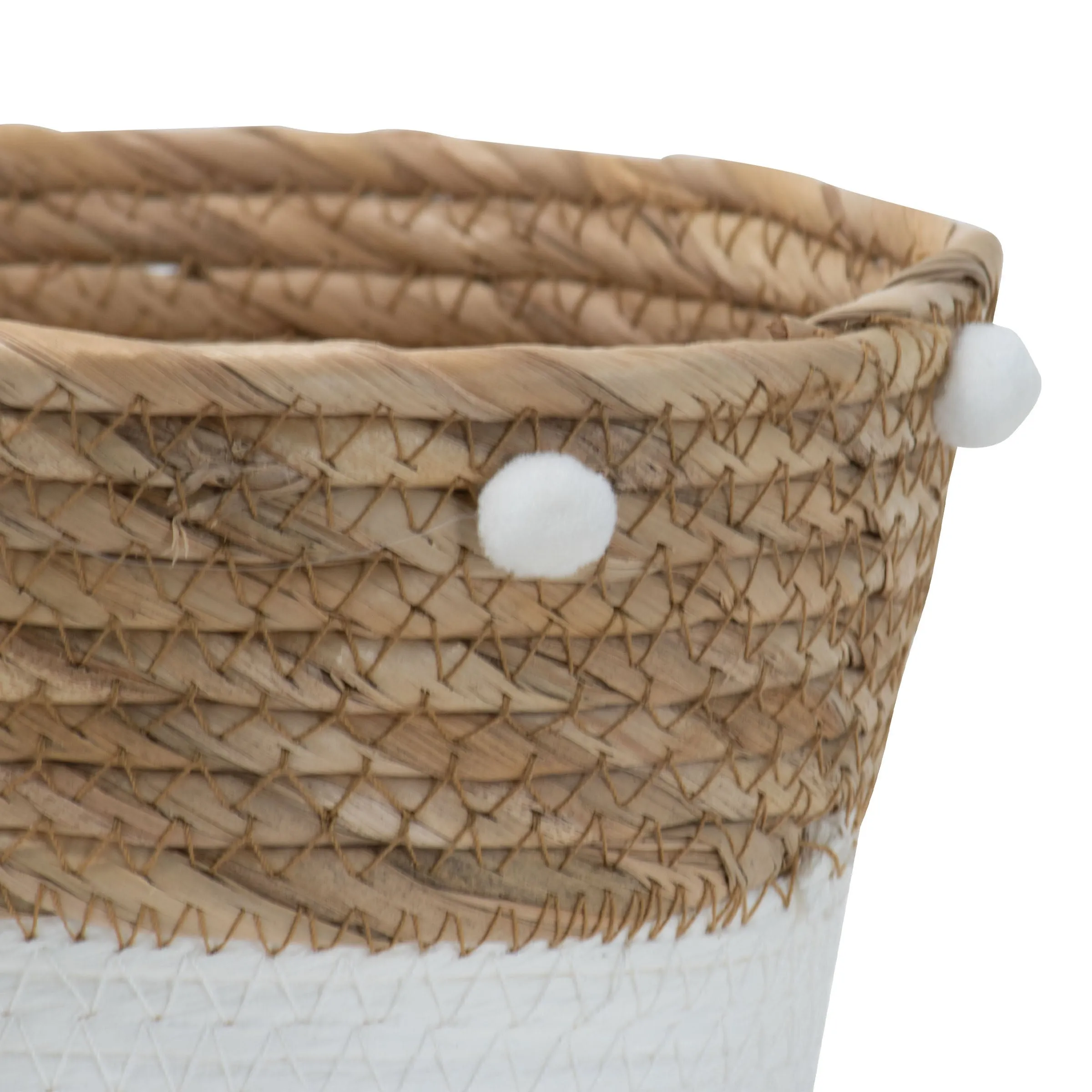 COPAL SET 2 CATTAIL STORAGE WHITE GIFT BASKETS WITH POM POMS (MIN 2)