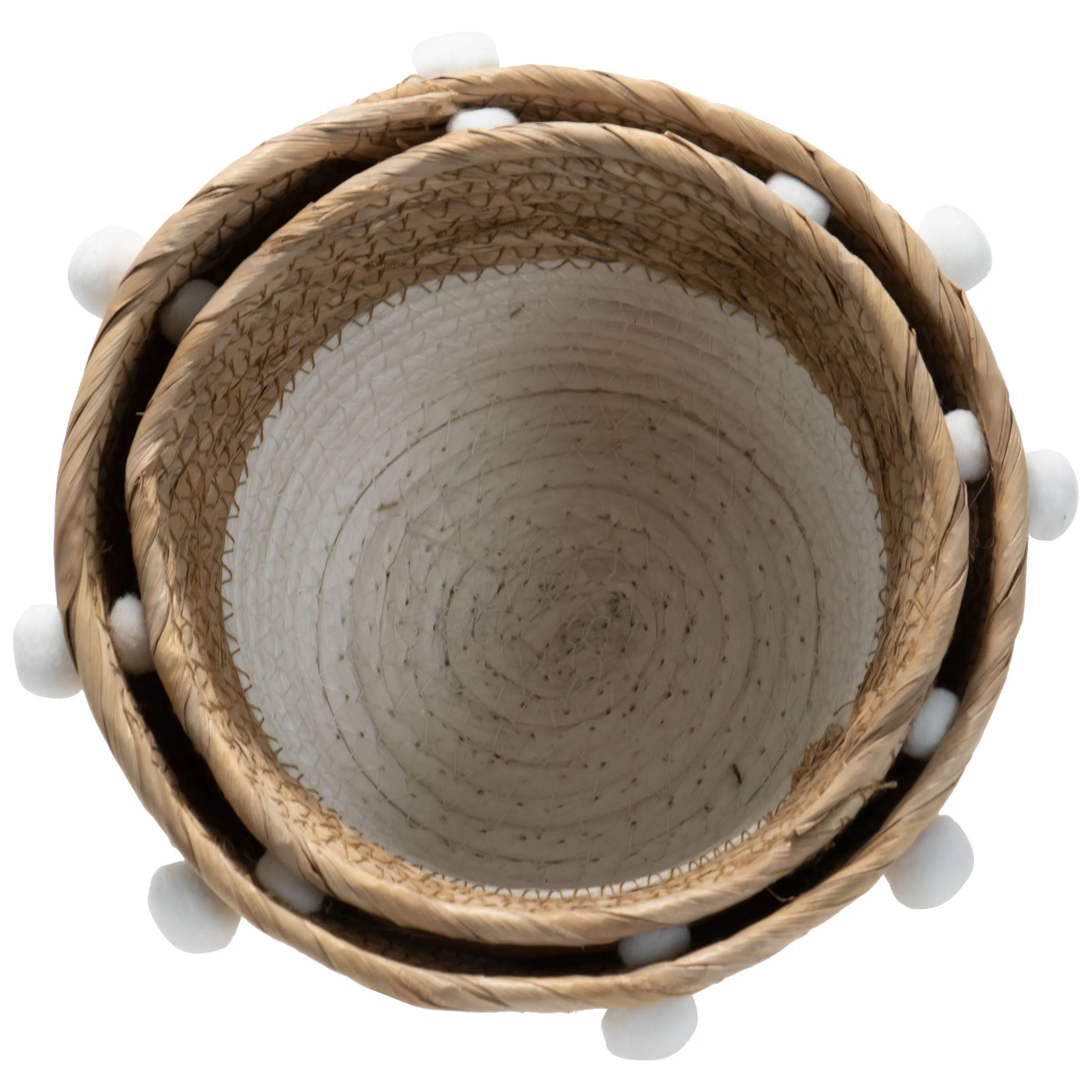 COPAL SET 2 CATTAIL STORAGE WHITE GIFT BASKETS WITH POM POMS (MIN 2)