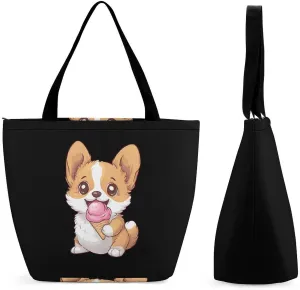 Corgi Puppy Eating Ice-cream Women's Shopping Grocery Tote Bag Handbags Large Shoulder Bags Work Business Travel