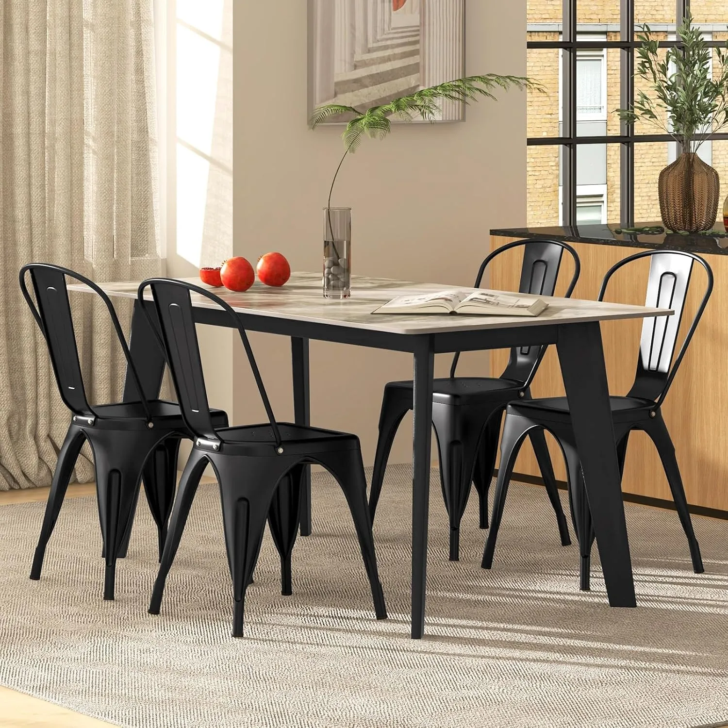 COSTWAY Metal Dining Chairs Set of 4, 18 Inch Stackable Industrial Kitchen Tolix Side Chairs with Detachable High Back for Dining Room, Cafe, Restaurant, Bistro (Black)