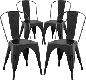 COSTWAY Metal Dining Chairs Set of 4, 18 Inch Stackable Industrial Kitchen Tolix Side Chairs with Detachable High Back for Dining Room, Cafe, Restaurant, Bistro (Black)