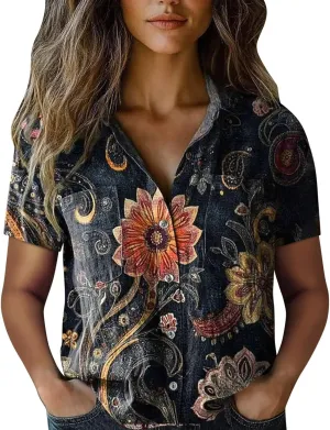 Cotton Boho Tops Vintage Boho Tops for Women Floral Print Gauze Shirt Short Sleeve Button Up Blouses Ethnic Tshirt