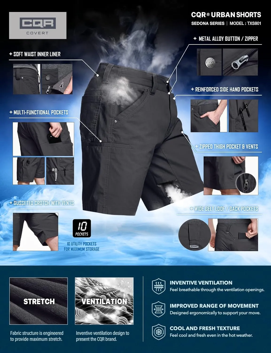 CQR Men's Stretch Utility Shorts, Lightweight Quick Dry Casual Shorts, Hiking Golf Cargo Shorts with Zipper Pockets