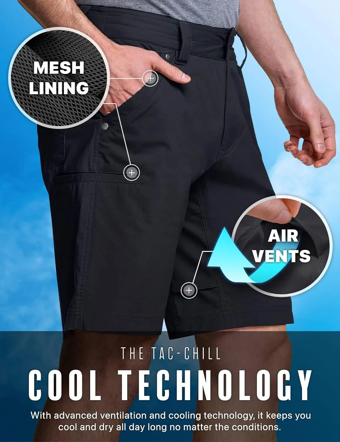 CQR Men's Stretch Utility Shorts, Lightweight Quick Dry Casual Shorts, Hiking Golf Cargo Shorts with Zipper Pockets
