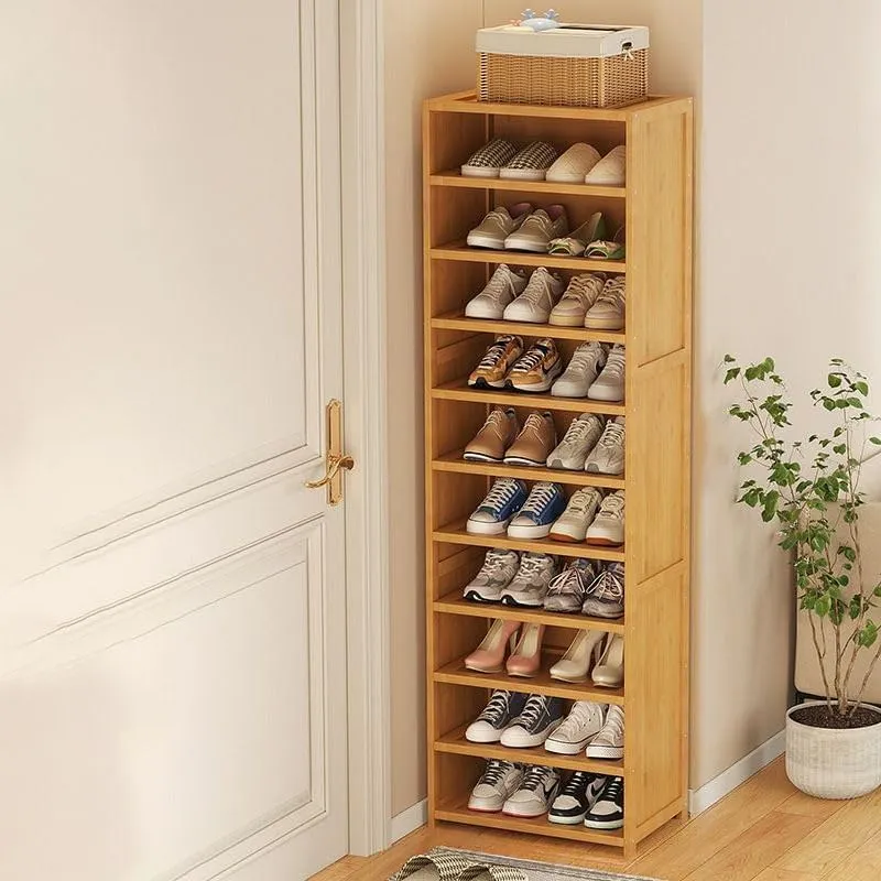 CraftThink Natural Bamboo Shoe Rack, Shoe Storage Cabinet with 10-Tier Adjustable Shelves, Wooden Free Standing Shoes Rack for Farmhouse Living Room Entryway (with Door, 12" L x 13" W x 63" H)