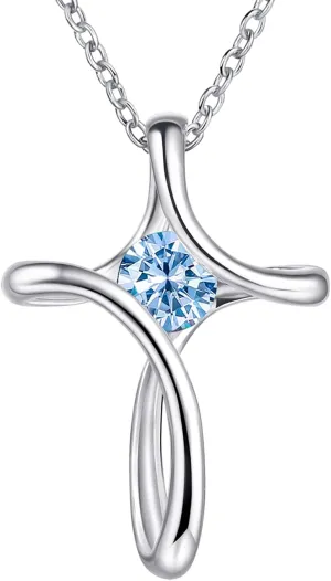 Cross Necklace for Women, 925 Sterling Silver Birthstone Necklace for Women with Diamond Sideways Cross Necklace Birthstone Jewelry Birthday Gifts for Women
