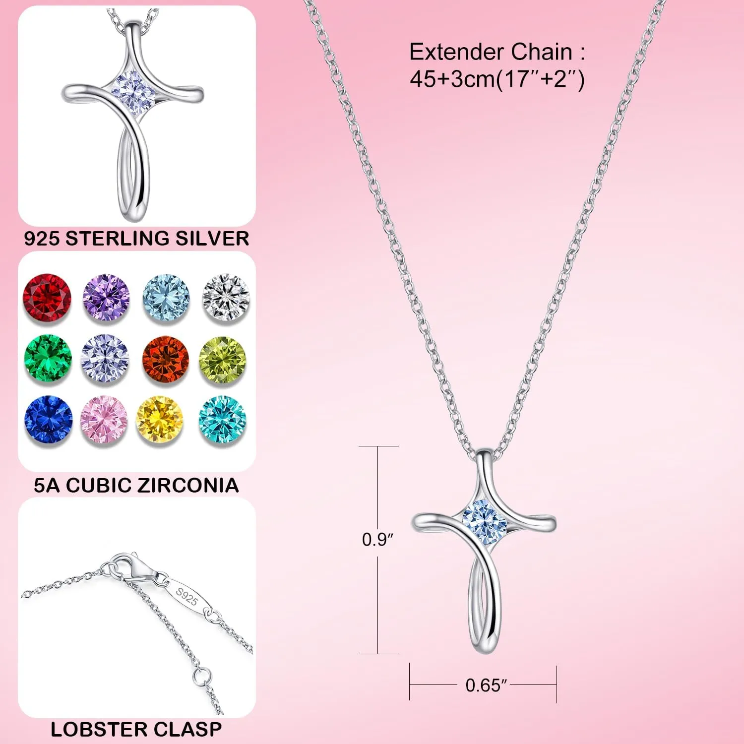Cross Necklace for Women, 925 Sterling Silver Birthstone Necklace for Women with Diamond Sideways Cross Necklace Birthstone Jewelry Birthday Gifts for Women