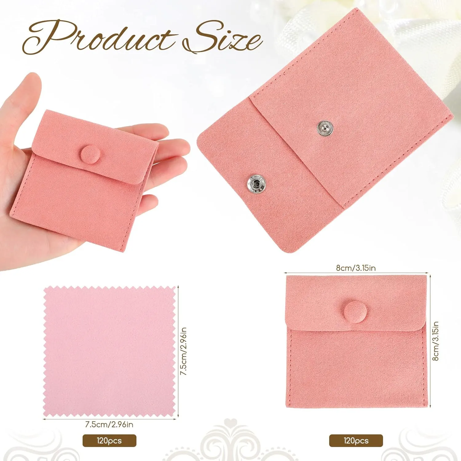 Cunno 120 Pack Microfiber Jewelry Pouch with Cleaning Cloth 3.2"x3.2" Jewelry Packaging Bag with Snap Button Bags(Pink)