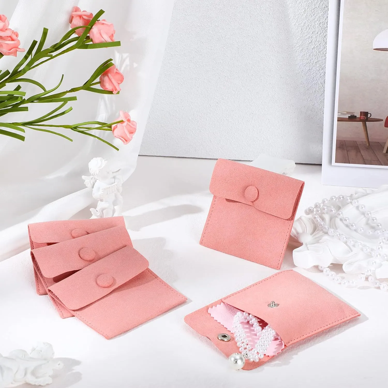 Cunno 120 Pack Microfiber Jewelry Pouch with Cleaning Cloth 3.2"x3.2" Jewelry Packaging Bag with Snap Button Bags(Pink)