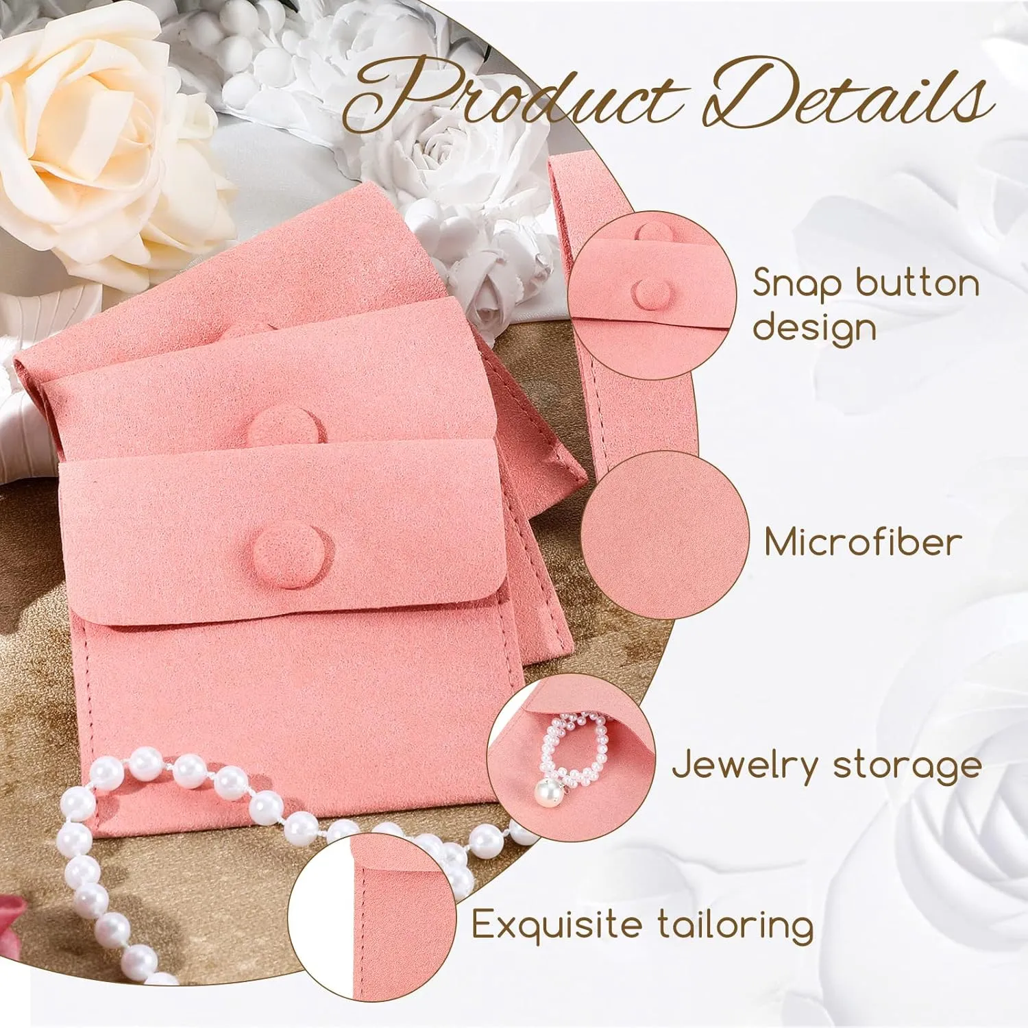 Cunno 120 Pack Microfiber Jewelry Pouch with Cleaning Cloth 3.2"x3.2" Jewelry Packaging Bag with Snap Button Bags(Pink)