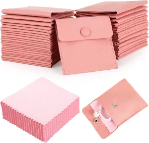 Cunno 120 Pack Microfiber Jewelry Pouch with Cleaning Cloth 3.2"x3.2" Jewelry Packaging Bag with Snap Button Bags(Pink)